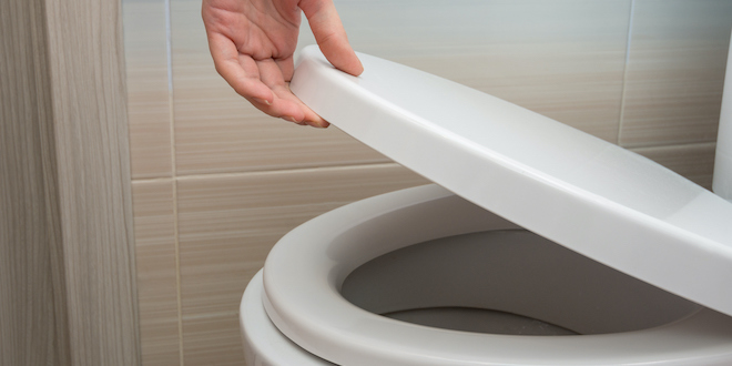 The hand closes or opens the toilet lid urination